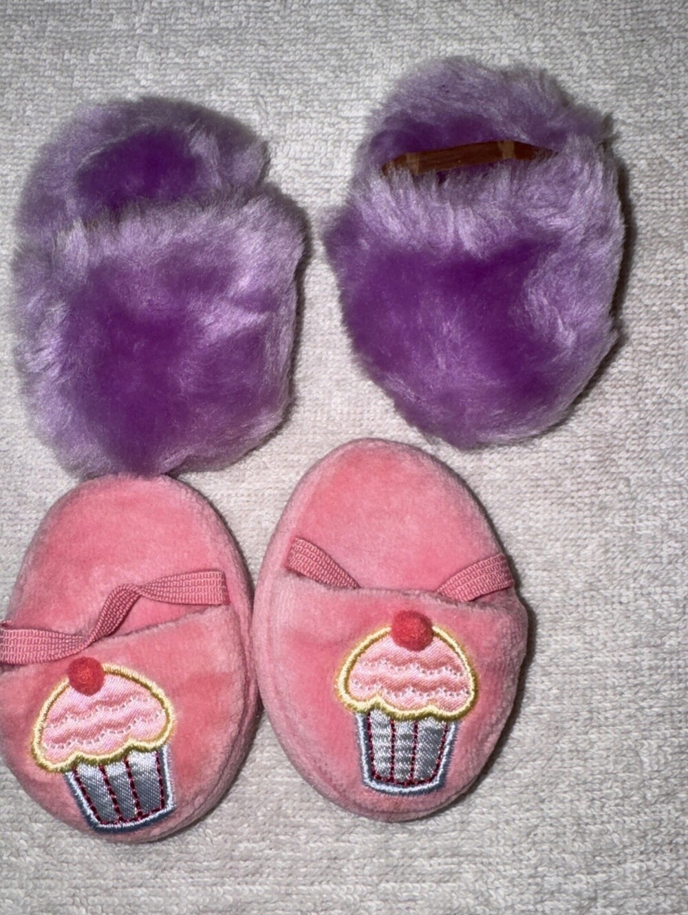 American Girl Doll Pink Shoes Sweet Treats slippers and Purple Fuzzy Slippers